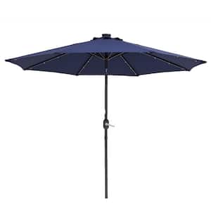 9 ft. Steel Dark Blue Outdoor Solar LED Tiltable Patio Umbrella Market Umbrella with Crank Lift