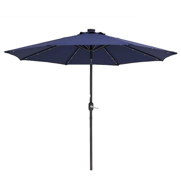 Unbranded 9 ft. Steel Dark Blue Outdoor Solar LED Tiltable Patio Umbrella Market Umbrella with Crank Lift