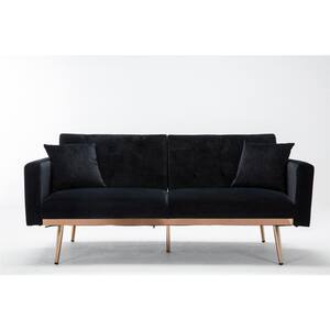 63.7 in. Square Arm Velvet Accent Sofa Straight Loveseat Sofa with Rose Gold Metal Feet Black