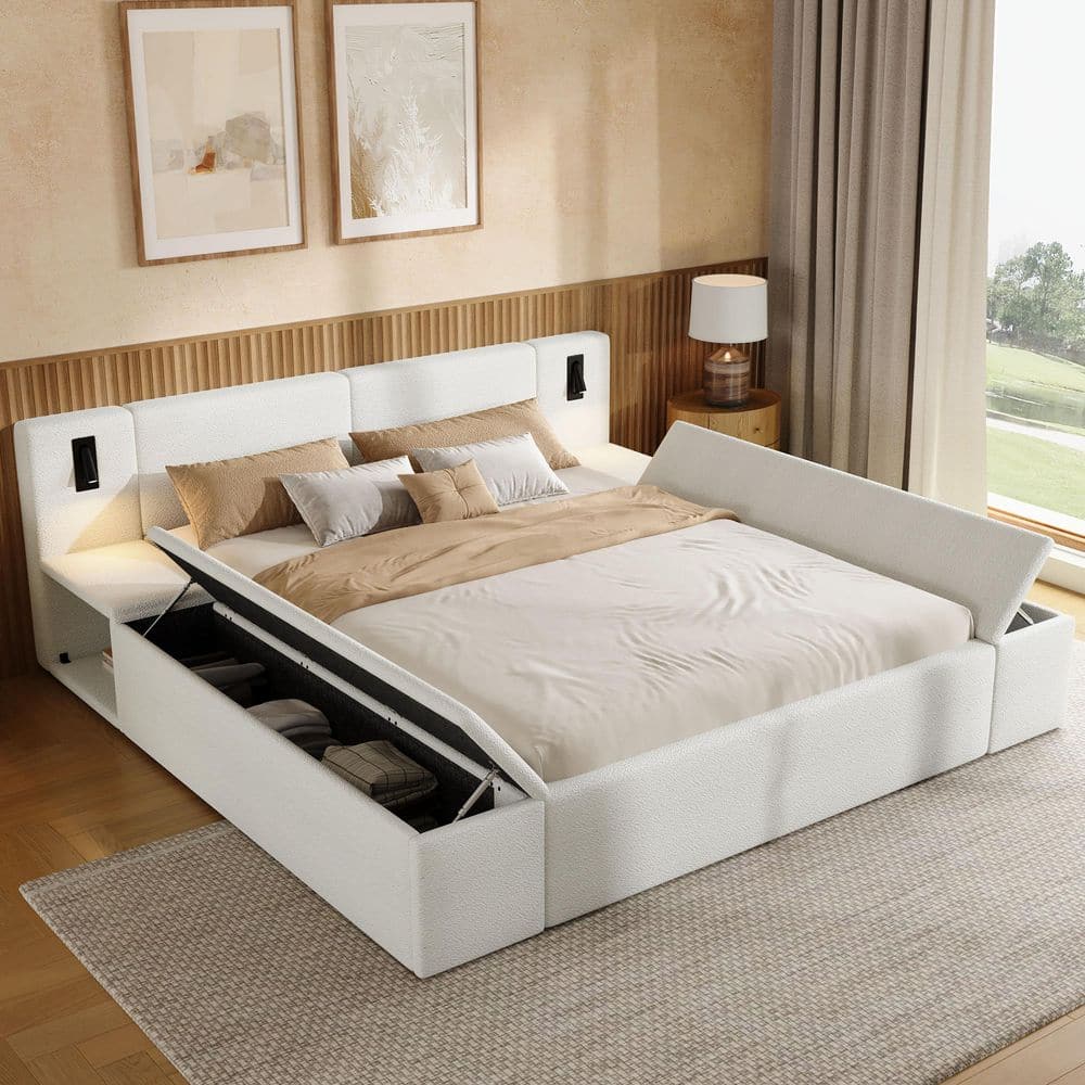 White Wood Frame Queen Size Upholstered Platform Bed with Hidden Storage, Built-in Nightstands and LED Reading Lights price history on PriceWatchPro