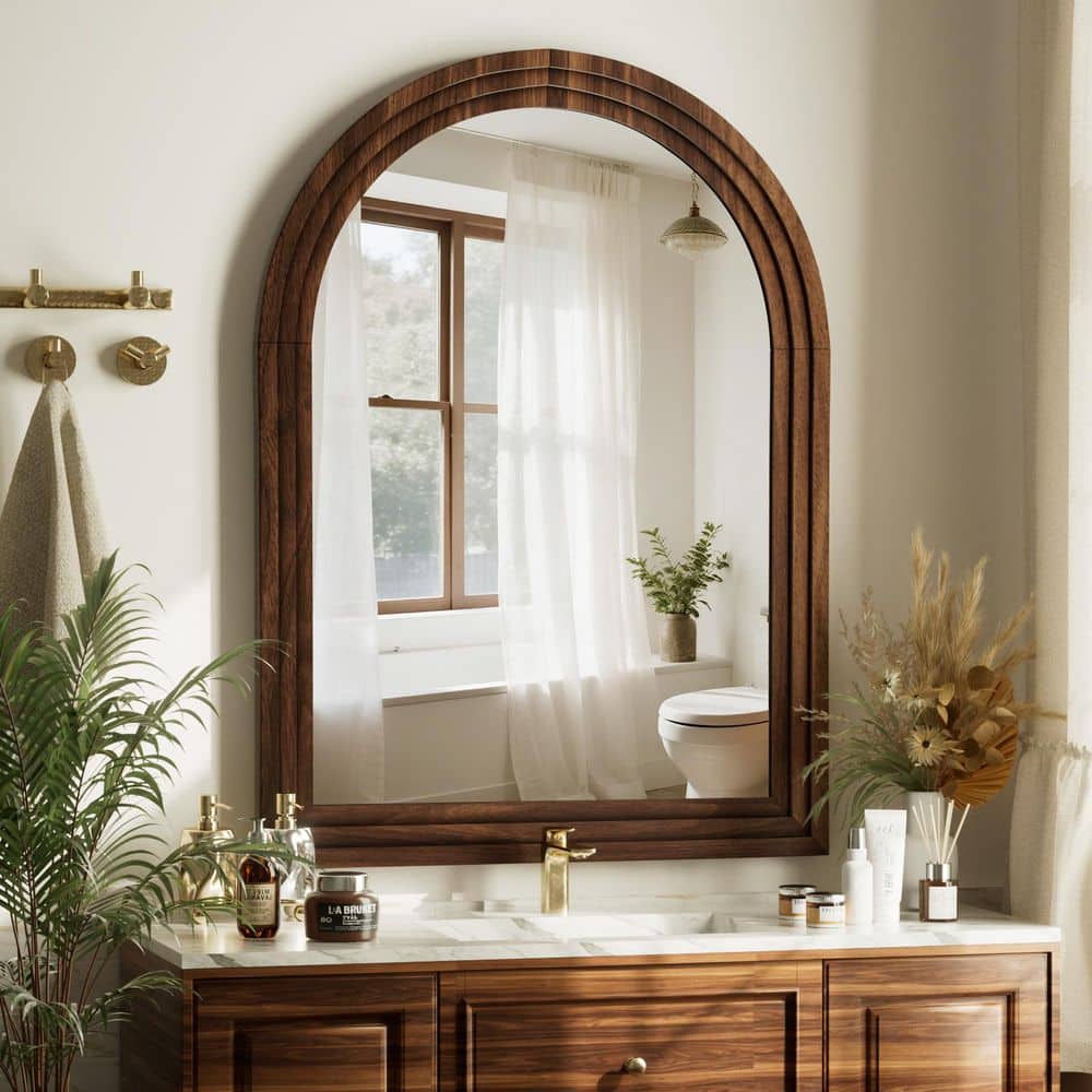 XRAMFY Morden Brown 30 in. W x 40 in. H Arched Wood Frame Vanity
