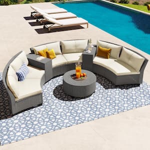 9-Piece Brown Fan-Shaped Wicker Patio Conversation Set with Grey Cushions and Coffee Table