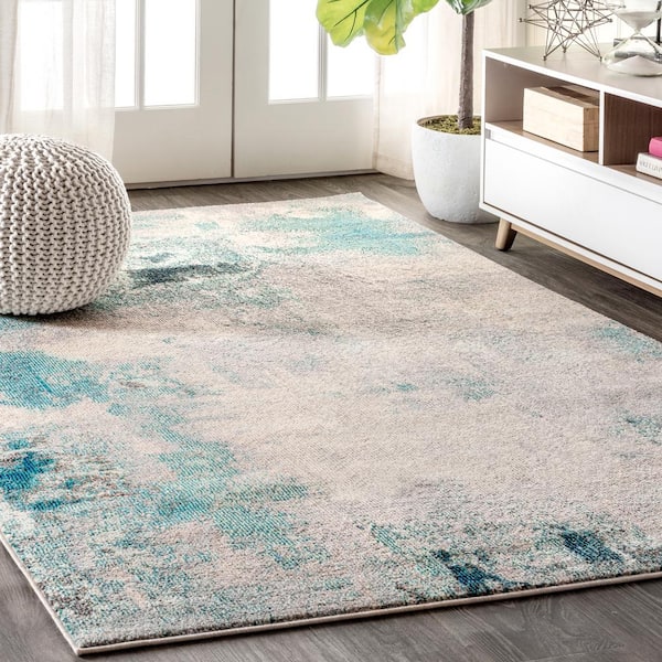 Contemporary Pop Modern Abstract Vintage Cream/Blue 6 ft. x 9 ft. Area Rug