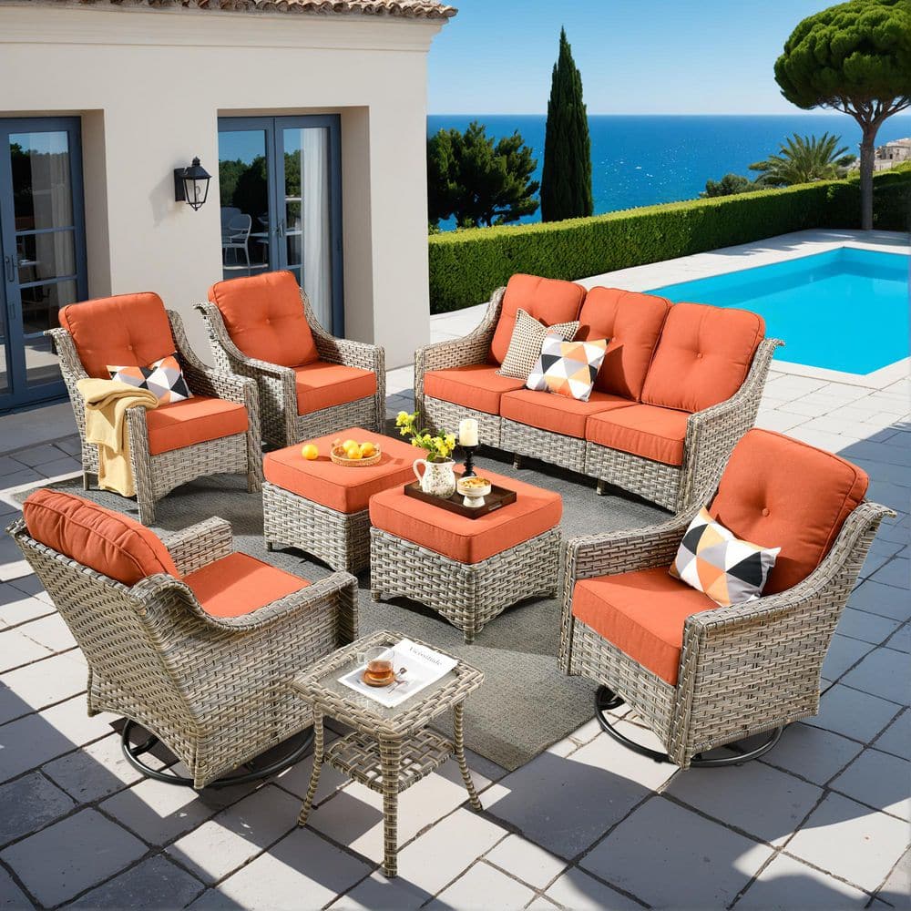 Palffy Gray 8-Piece Wicker Patio Conversation Seating Set with Bold-stripe Orange Red Cushions and Swivel Rocking Chairs price history on PriceWatchPro