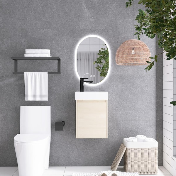 Unbranded 16 in. W x 9 in. D x 23 in. H Wall Mounted Single Sink Bath Vanity in Plain Light Oak with White Ceramic Top