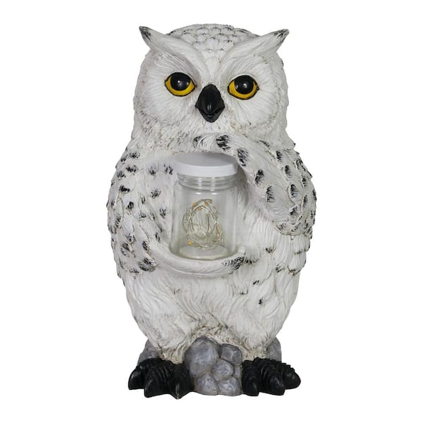Exhart 10 in. Tall Solar Snow Owl with LED Firefly Jar Garden Statue