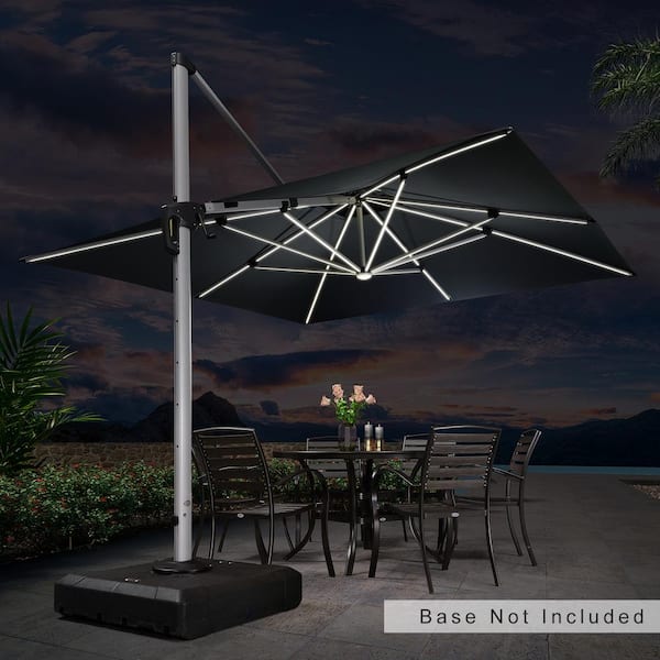 PURPLE LEAF 11 ft. Square Solar Powered LED Patio Umbrella Outdoor Cantilever Umbrella Heavy-Duty Sun Umbrella in Gray