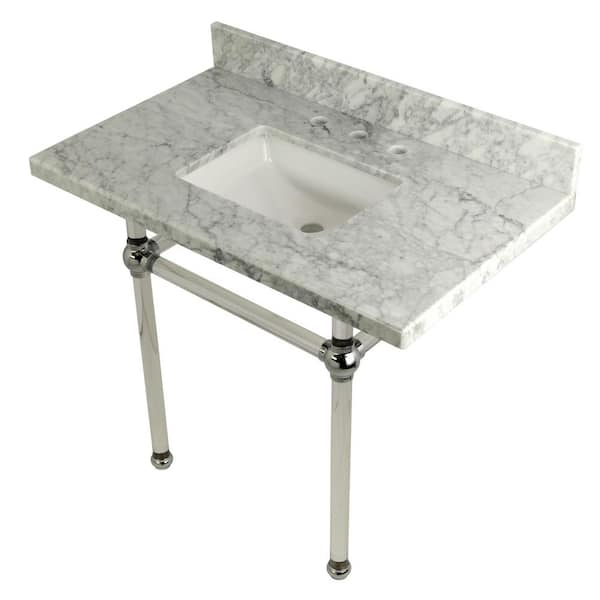Kingston Brass Square-Sink Washstand 36 in. Console Table in Carrara Marble with Acrylic Legs in Polished Chrome