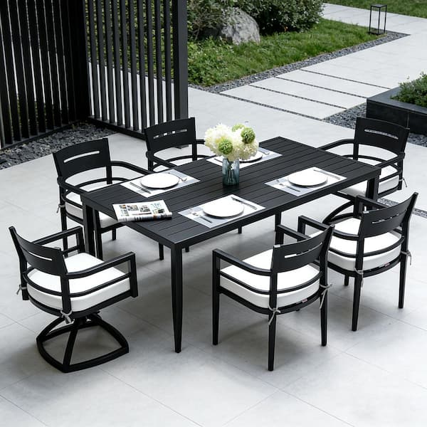 7-Piece Aluminum Outdoor Dining Set with Sunbrella Cushions and Rectangle Dining Table with Umbrella Holez in black