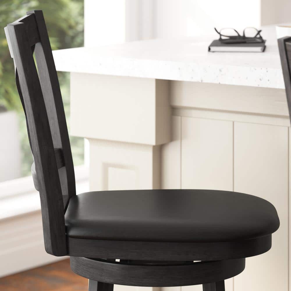 Gray Wash Walnut Crossback Swivel Bar Stool with Faux Leather Seat