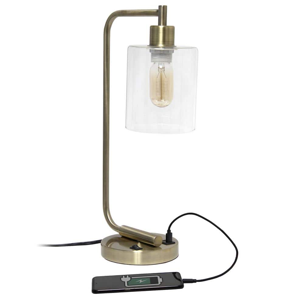 Antique Brass Curved Arm Desk Lamp with Clear Glass Shade