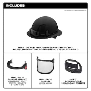 BOLT Black Type 1 Class C Full Brim Vented Hard Hat with 4-Point Ratcheting Suspension with Steel Mesh Full Face Shield