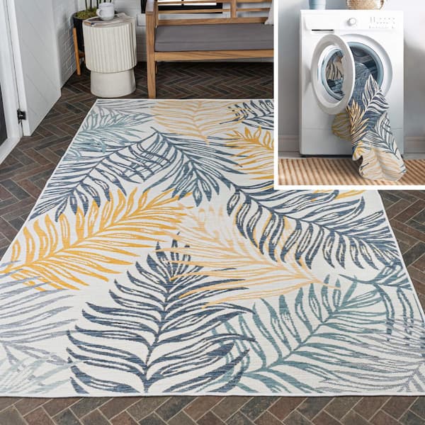 Calypso Coastal Casual Palm Frond Reversible Machine Washable Cream/Navy 8 ft. x 10 ft. Indoor/Outdoor Area Rug