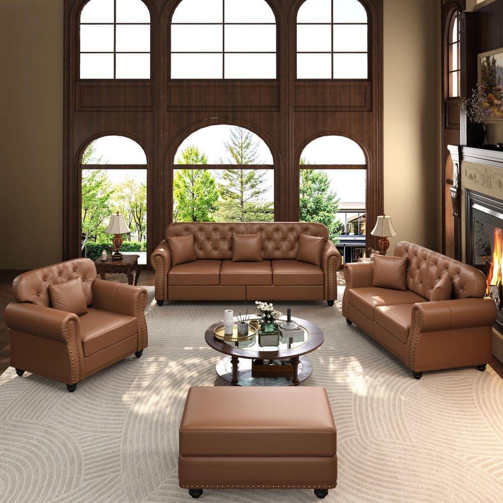 4-Piece Brown Faux Leather Upholstery Living Room Set price history on PriceWatchPro