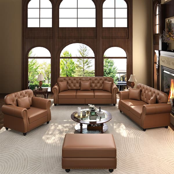 4-Piece Brown Faux Leather Upholstery Living Room Set