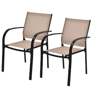 2-Piece Steel Breathable Quick Dry Fabric Stackable Outdoor Dining Chair in Brown