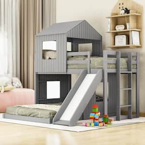 Playhouse Style Gray Wooden Twin Over Full Bunk Bed with Ladder,Slide and Guardrails(78.7 in. W x 82.3 in. H)