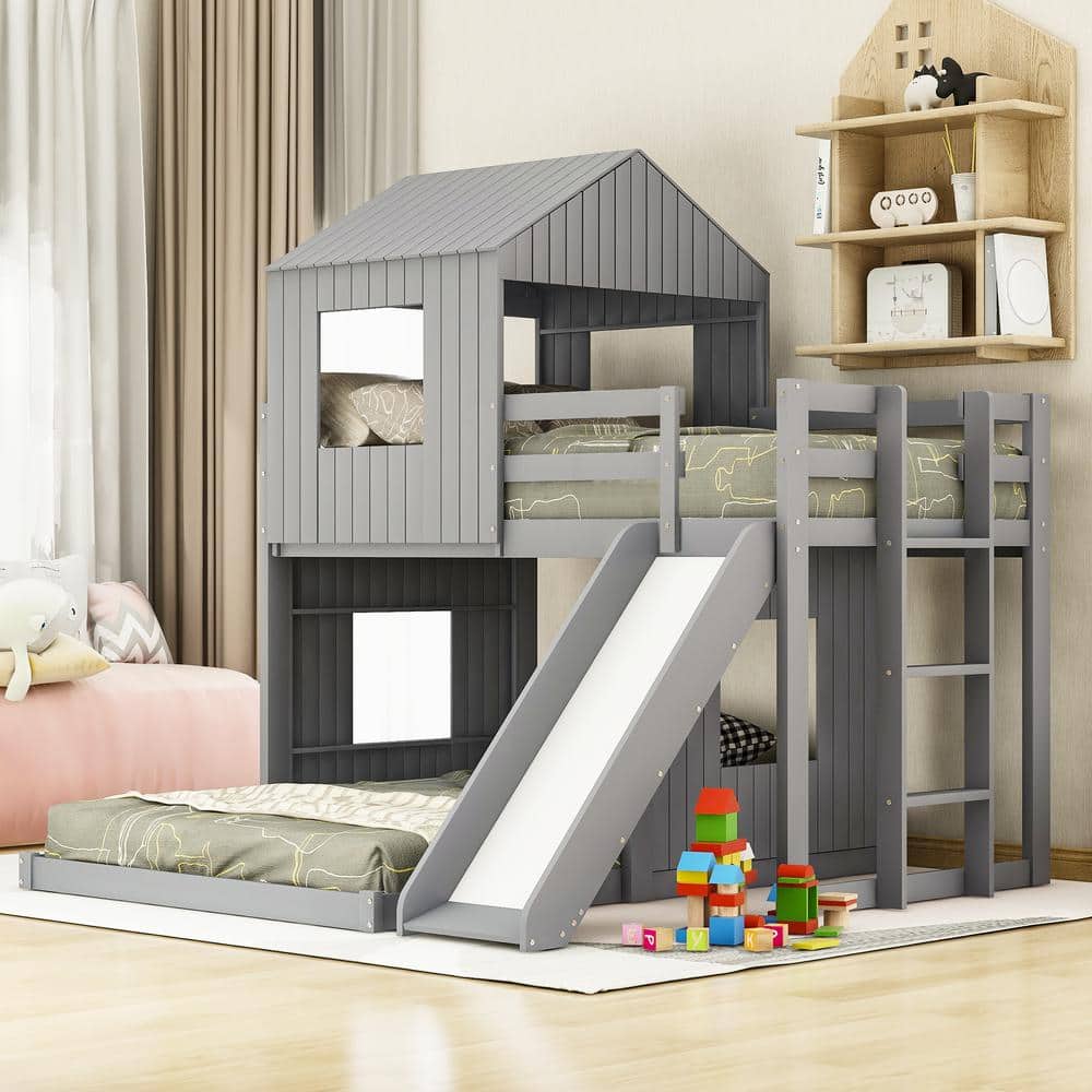 Playhouse Style Gray Wooden Twin Over Full Bunk Bed with Ladder,Slide and Guardrails(78.7 in. W x 82.3 in. H) price history on PriceWatchPro