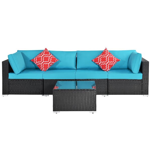 waelph 5-Piece Espresso Wicker Patio Conversation Set with 2 Pillows, Coffee Table and Blue Cushions