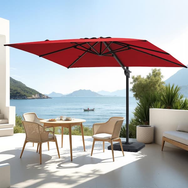 9 ft.x 11 ft.Rectangular Aluminum Offset Cantilever 360° Rotation Tilt Patio Umbrella in Red and 240 lbs. Fillable Stand