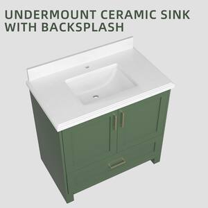 36 in. W x 22 in. D x 35 in. H Single Sink Freestanding Bath Vanity, Green with Carrara White Marble Top and White Basin