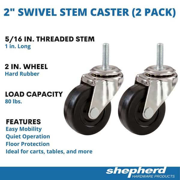 2 in. Black Soft Rubber and Steel Swivel Threaded Stem Casters with 80 lb. Load Rating (2-Pack)