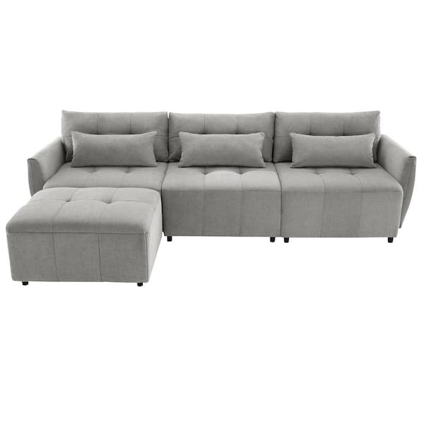 Nestfair 114 in. W Flared Arm 4-Piece Chenille L-Shaped Sectional Sofa in. Gray with Movable Ottoman and USB