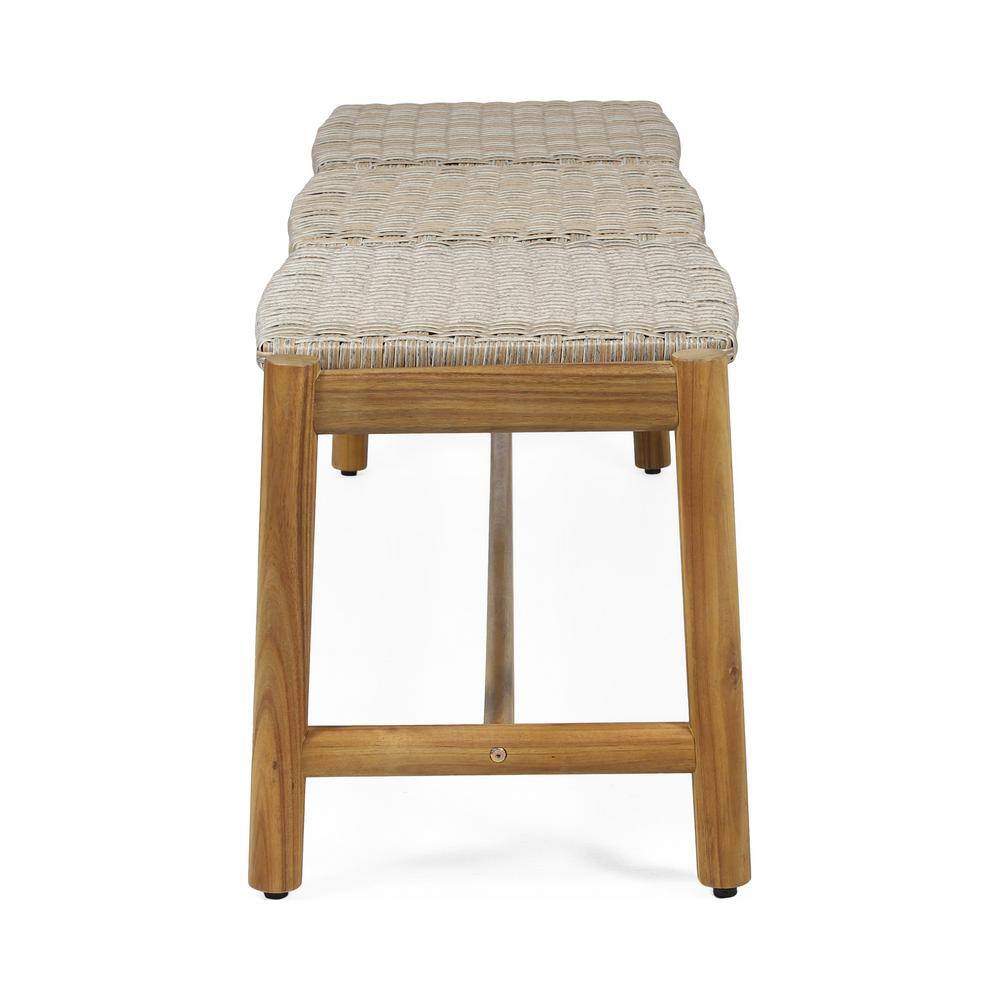 Rustic Teak Finish Acacia Wood & Wicker Outdoor Bench
