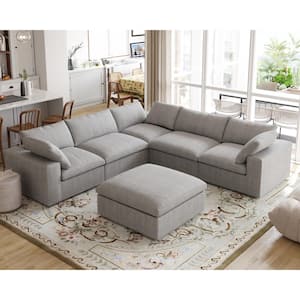 120 in. Modular Linen Flannel Upholstered Free Combination Large 6-Seat L-shape Corner Sectional Sofa with Ottoman, Gray