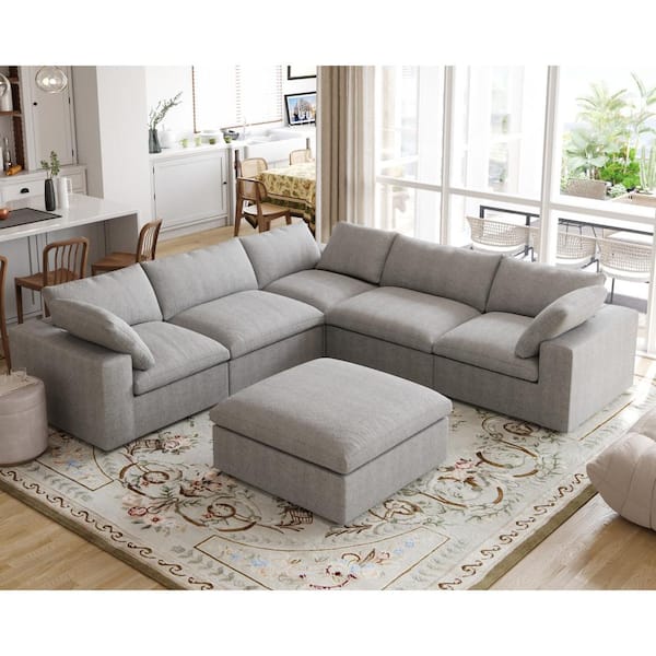 Magic Home 120 in. Modular Linen Flannel Upholstered Free Combination Large 6-Seat L-shape Corner Sectional Sofa with Ottoman, Gray