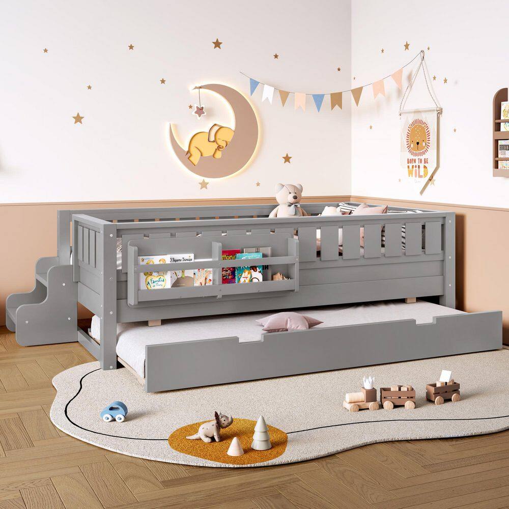Gray Twin Size Kids Bed with Built-in Bookshelves and Small Staircase price history on PriceWatchPro