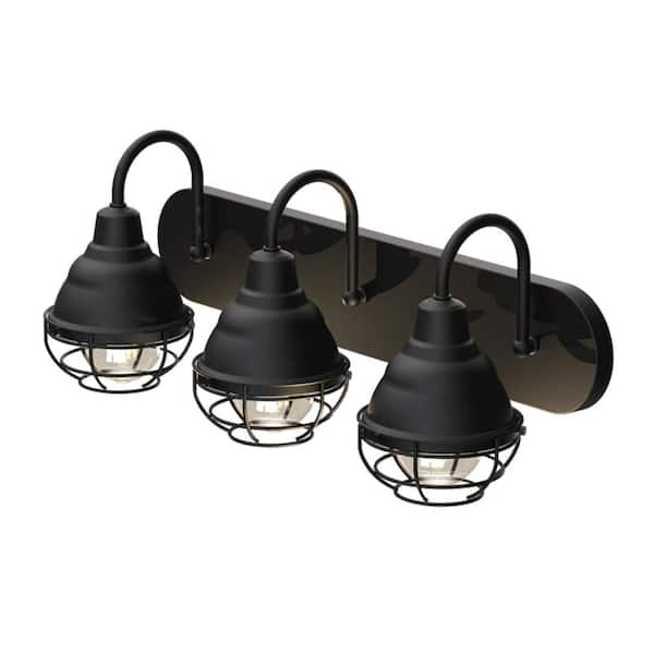 KODA Webster 24 in. 3-Light Matte Black Industrial Bathroom Vanity Light with Wire Cage Shade, Bulbs Included