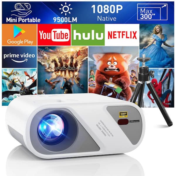 1920 x 1080 Full HD LCD Portable Projector with 9500 Lumens, 300" Display, White