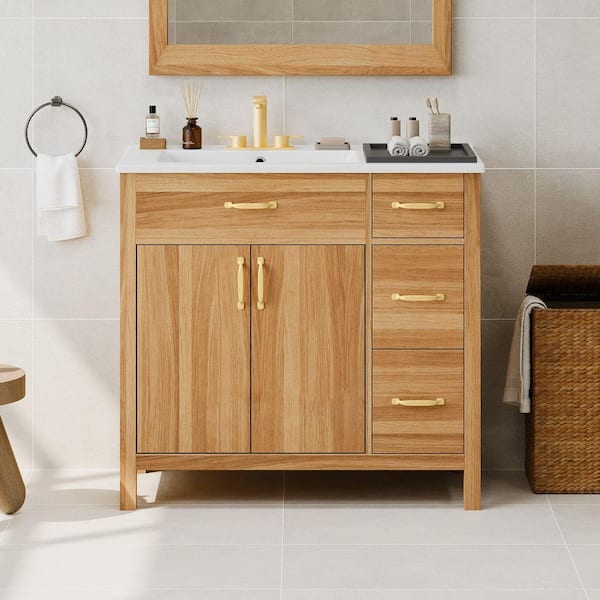36 in. W Single Sink Freestanding Solid Wood Frame Bath Vanity in Brown with White Ceramic Top and Adjustable Shelf