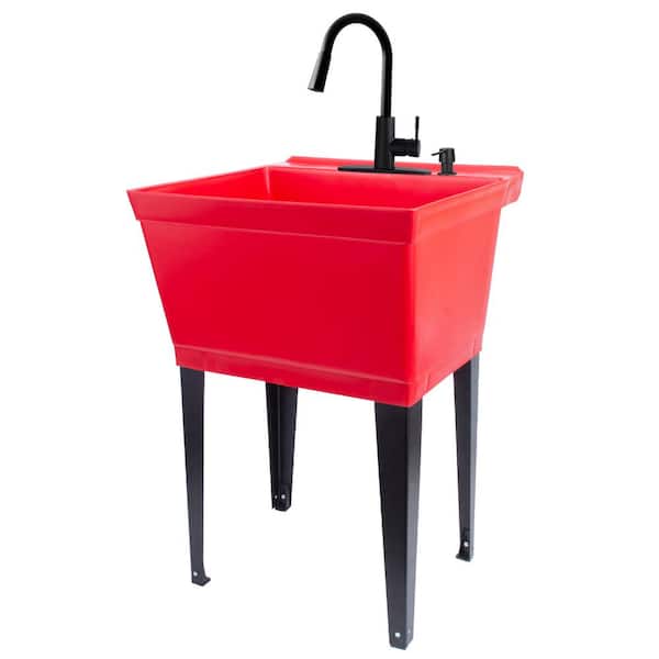 TEHILA 22.875 in. x 23.5 in. Thermoplastic Freestanding Red Utility Sink Set with Black Metal Pull-Down Faucet, Soap Dispenser