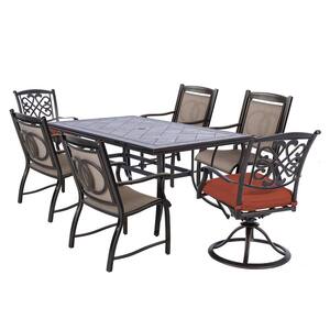 7-Piece Aluminum 28" H Outdoor Dining Set with 2 Cushion Swivel Chairs, 4 Sling Chair, Rectangular Table