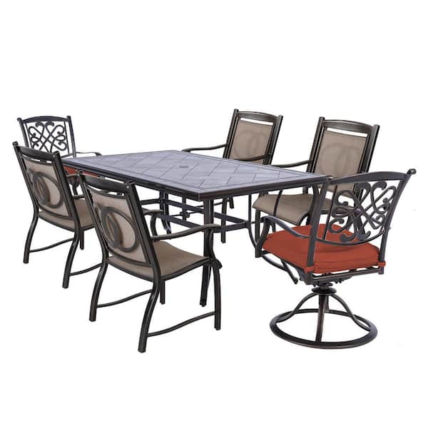 Mondawe 7-Piece Aluminum 28" H Outdoor Dining Set with 2 Cushion Swivel Chairs, 4 Sling Chair, Rectangular Table