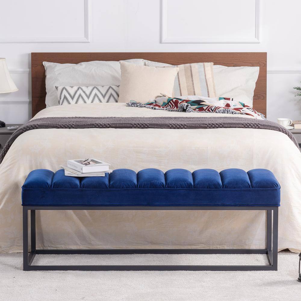Navy Blue Velvet Upholstered Metal Frame Bedroom Bench