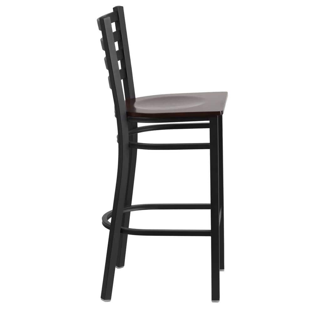 Walnut Wood and Black Metal Ladder Back Barstool