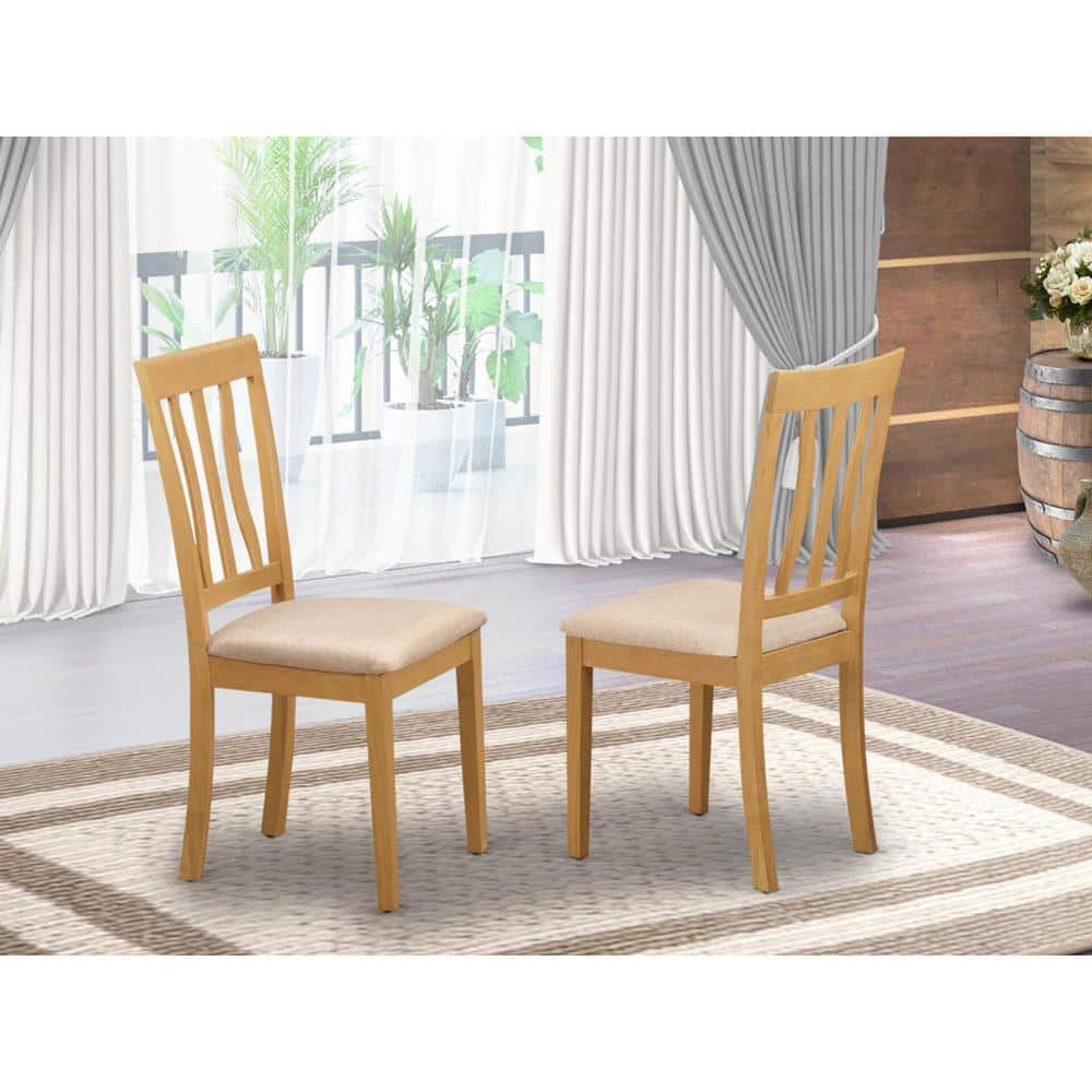 Oak Linen Upholstered Parsons Chairs with Slat Back, Set of 2
