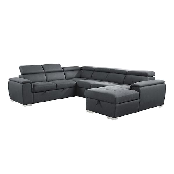 Lazzara Logan 122.5 in. Straight Arm 4-piece Chenille Sectional Sofa in Charcoal with Pull-out Bed and Right Chaise