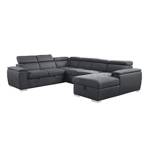 Logan 122.5 in. Straight Arm 4-piece Chenille Sectional Sofa in Charcoal with Pull-out Bed and Right Chaise