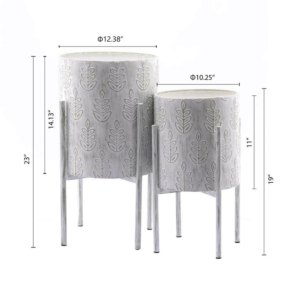 Elegant White and Sage Metal Leaf Embossed Planter Set with Stand