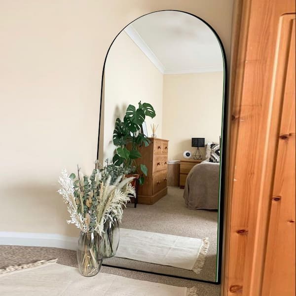 LuxHomez 28 in. W x 71.5 in. H Oversized arched wooden classic full-length black wall-mounted/standing mirror wall mirror