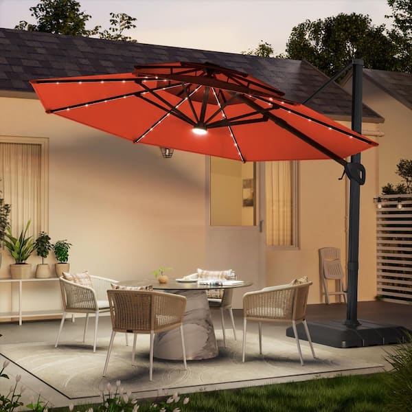 11ft. LED Patio Hanging Double Top Octagon Cantilever Umbrella with 360° Rotating Canopy in Rust Red