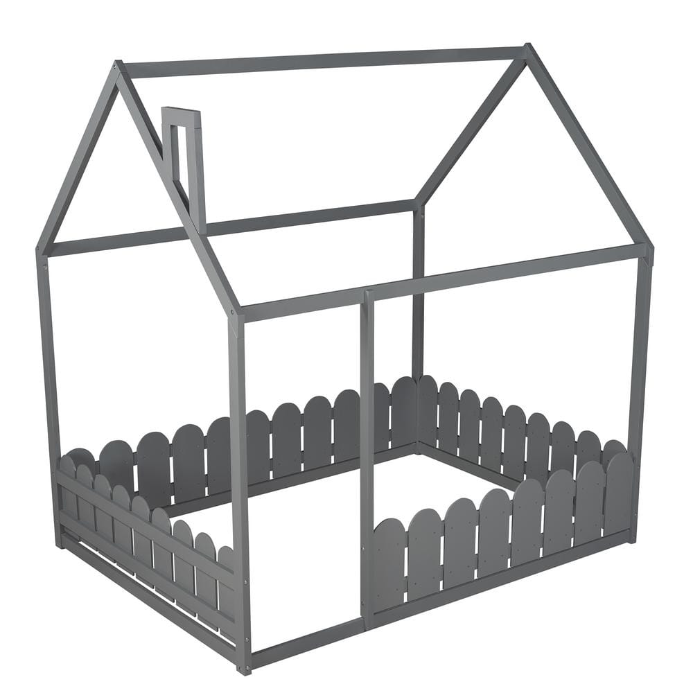Gray Full Size Wood Bed House Bed Frame with Fence for Teens, Girls and Boy