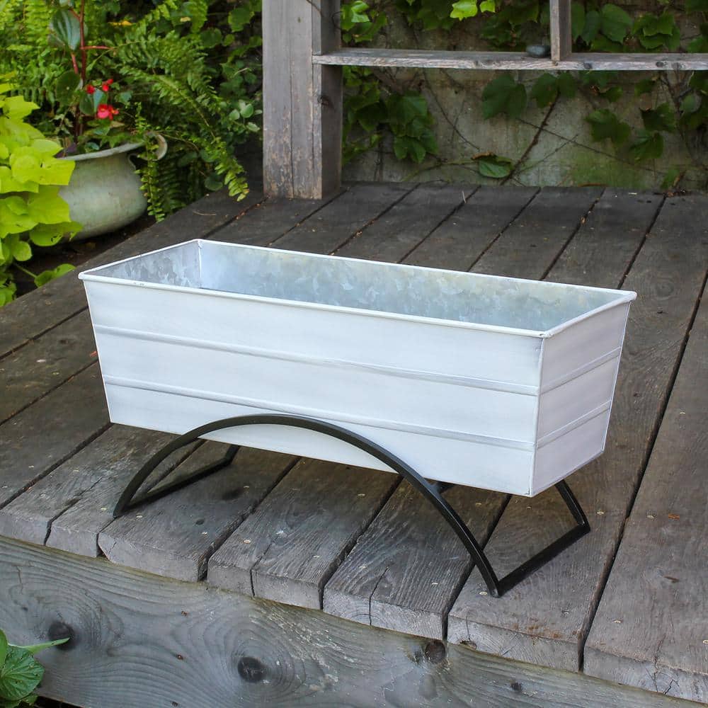 Medium White Galvanized Steel Flower Box with Stand