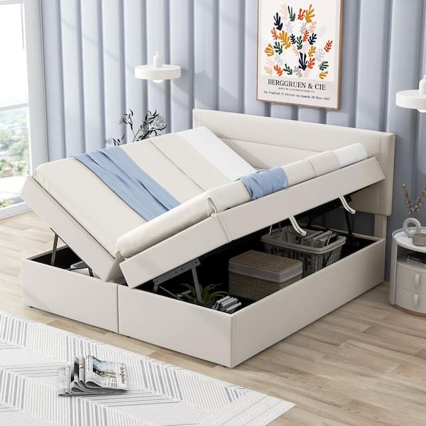 Harper & Bright Designs Beige Wood Frame Queen Size Linen Upholstered Platform Bed with Storage Underneath