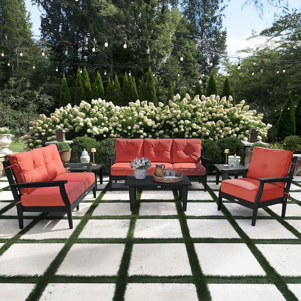 Lehigh Black 6-Piece Grand Deep Seating Patio Conversation Set with Sunbrella Canvas Persimmon Cushions