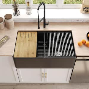 33 in. Farmhouse/Apron-Front Double Bowl Fireclay Workstation Kitchen Sink with Accessories in Matte Black